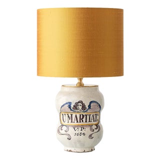 Italian Apothecary Jar Table Lamp with New Dupion Silk Lampshade from Deruta, 1800s For Sale