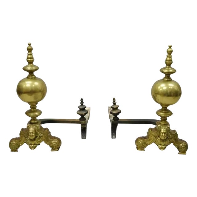 Vintage Beethoven Face French Rococo Brass Cannonball Fireplace Andirons - Pair For Sale