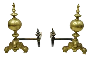 Vintage Beethoven Face French Rococo Brass Cannonball Fireplace Andirons - Pair