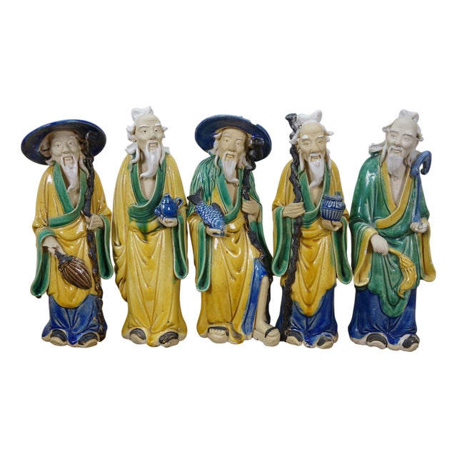 5 Chinese Shiwan Ceramic Polychrome Mudmen Figurines Statues 10" For Sale