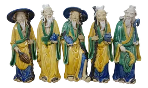 5 Chinese Shiwan Ceramic Polychrome Mudmen Figurines Statues 10"
