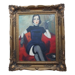 Lady Smoking, 1950s, Oil Painting, Framed For Sale