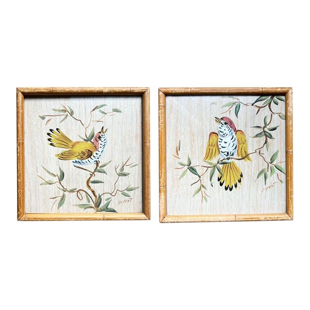 Two Vintage Watercolor Faux Bamboo Bird Paintings House of Baldwin - a Pair For Sale