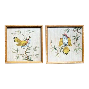 Two Vintage Watercolor Faux Bamboo Bird Paintings House of Baldwin - a Pair