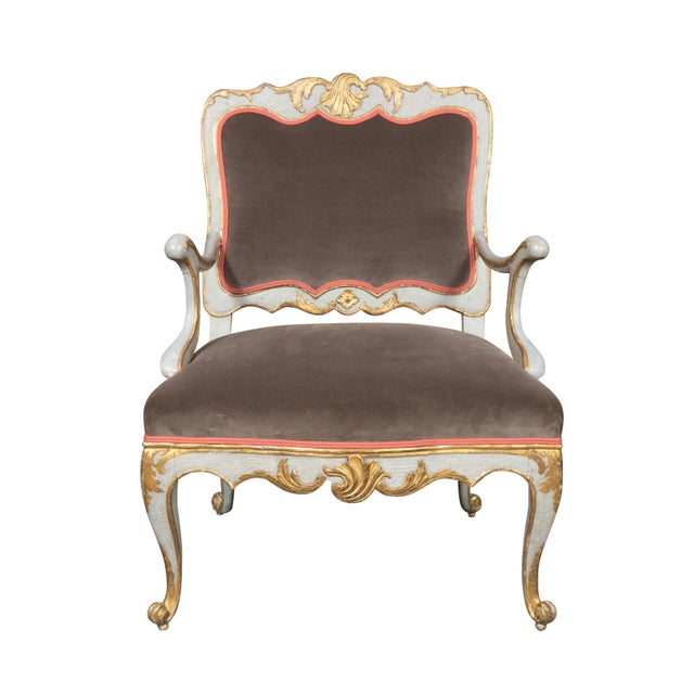 Super sturdy and usable with serpentine crestrail and upholstered back and seat. Generous proportions, cabriole legs. Gilt...