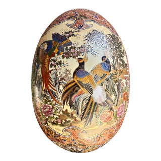 Antique 21’ Satsuma Japanese Extra Large Porcelain Egg Hand Painted With Birds and Flowers on Wood Base For Sale
