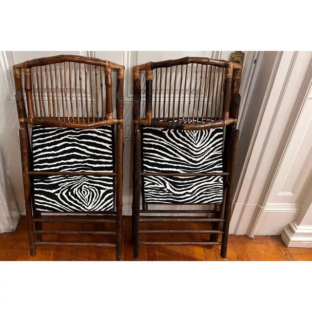 1990s Vintage Tortoiseshell Finish Bamboo Folding Chairs With Custom Cushions - a Pair For Sale In Boston - Image 6 of 10