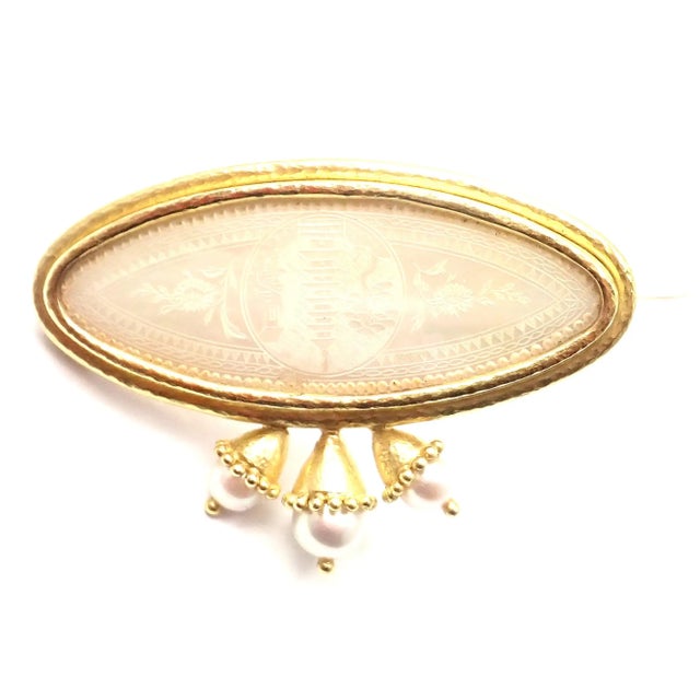 Hammered 18k Yellow Gold Mother of Pearl And Cultured Pearl Brooch Pin by Elizabeth Locke. Details: Metal: 18k Yellow Gold...