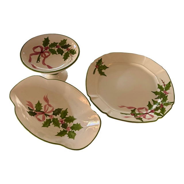 Los Angeles Pottery. Laurie Gates 1999 3 Pieces. Pedestal Compote, Oval Scalloped Bowl, Octagonal Platter. Grandmillenial, Christmas, Cottagecore For Sale