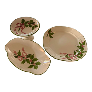 Los Angeles Pottery. Laurie Gates 1999 3 Pieces. Pedestal Compote, Oval Scalloped Bowl, Octagonal Platter. Grandmillenial, Christmas, Cottagecore