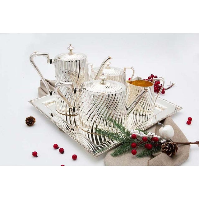 Silver Modernist Silver Tea Service with Tray in Relief, Set of 4 For Sale - Image 8 of 8