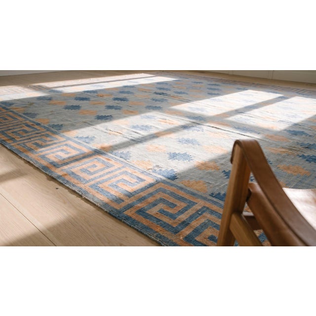 Excellent Sky Blue Background With Blue and Orange Diamond Antique Indian Cotton Dhurrie Rug For Sale - Image 15 of 15