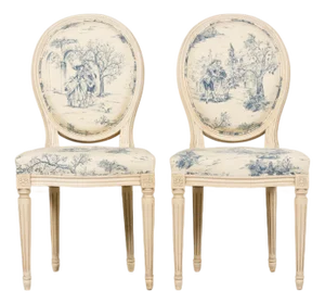 Antique French Louis XVI Style Painted Accent Side Chairs in Blue Toile – A Pair