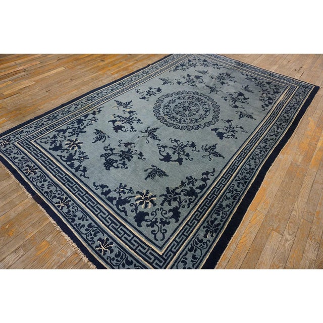 1850s Blue and Navy Antique Chinese Peking Ningxia Hand Knotted Rug 5'7" X 8'10" For Sale - Image 4 of 9