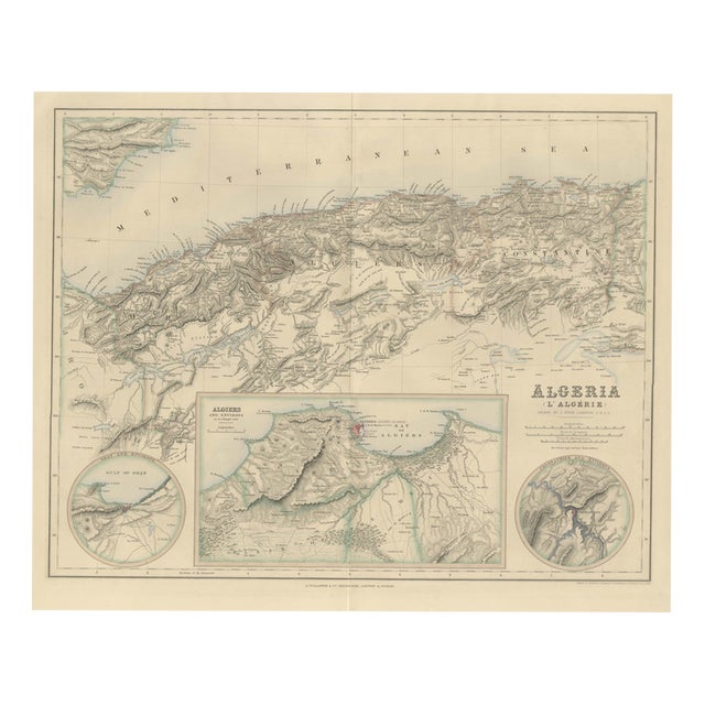 Antique Map of Algeria with Algiers, Oran and Constantine Insets, 1860 For Sale