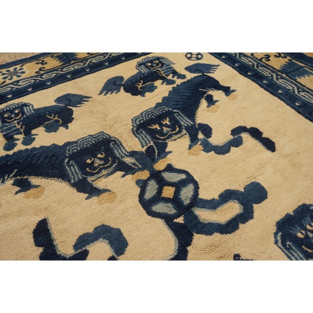1880s Antique Small Blue and Ivory Chinese Ningxia Small Foo Dog Greek Key Rug For Sale - Image 9 of 10