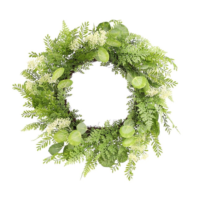 Enhance your entryway with the vibrant charm of the Mixed Fern Foliage Wreath. Measuring 27.5 inches in diameter, this...