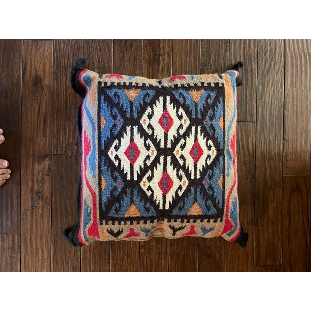 Textile Vintage Handwoven Wool Kilim Accent Pillow With Geometric Diamond Pattern For Sale - Image 7 of 7