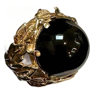 10 Carat Round Black Onyx Unisex Ring 14 Karat Yellow Gold Size 5.75 For Sale
