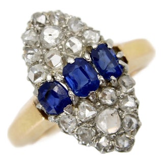 Late 19th Century Victorian 18k Gold Rose Cut Diamond and Sapphire Navette Ring, Size 6.5 For Sale