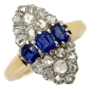 Late 19th Century Victorian 18k Gold Rose Cut Diamond and Sapphire Navette Ring, Size 6.5
