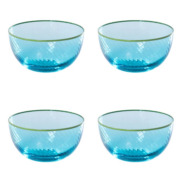 Sicilian 4-Piece Set Swirl Glass Serving Bowls, Sea Blue with Green Lip Wrap For Sale