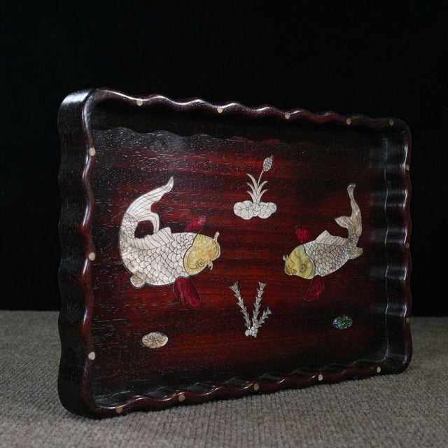 Traditional Late 20th Century Scalloped Wooden Tray With Mother-of-Pearl Koi Fish Inlay For Sale - Image 3 of 10