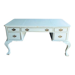 Vintage Hand Painted Soft Blue Gold Accent Claw Foot Executive Desk For Sale