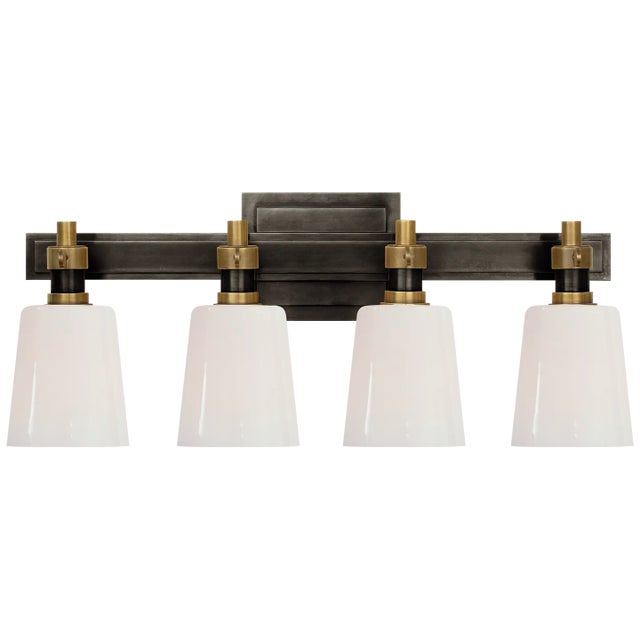 Thomas O'Brien for Visual Comfort Signature Bryant Four-Light Bath Sconce in Bronze & Hand-Rubbed Antique Brass with White Glass For Sale