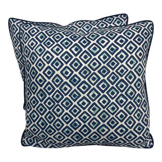 Thibaut Indian Diamond in Blue and Turquoise Pillows - Pair For Sale