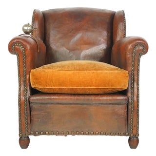 Vintage European Brown Leather Club Chair With Ashtray For Sale