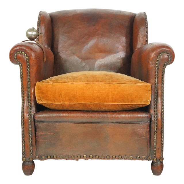 Vintage European Brown Leather Club Chair With Ashtray For Sale