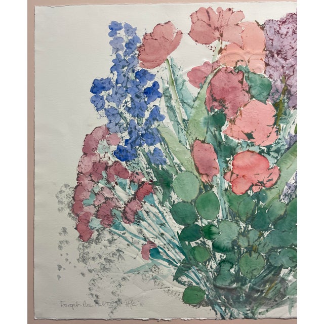 Floral still life mixed media embossed monoprint and painting by Hawaii based artist Margaret Bedell (1924-2016) "Forget...