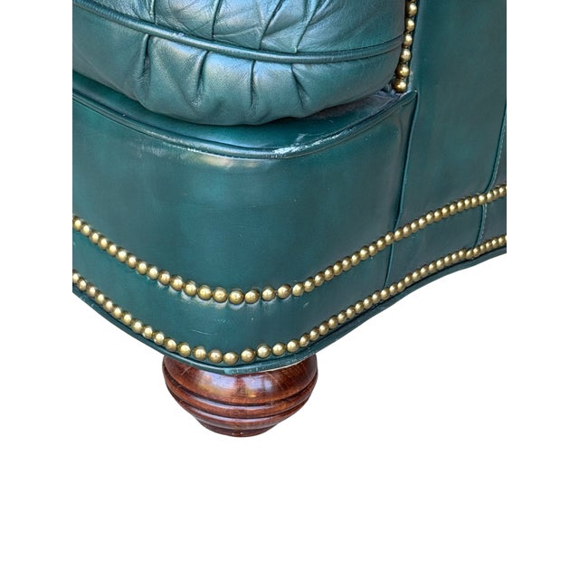 Vintage Thomas-Bain Leather Club Chair & Ottoman Set in Peacock Teal Green | Tufted Traditional Lounge Seating For Sale - Image 16 of 18
