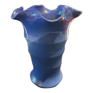 Vintage Matt Carlton Hand-Turned Ruffle Vase in Cobalt for Bauer Pottery For Sale