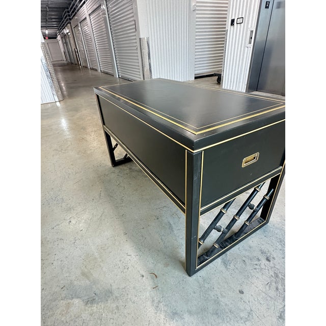 Wood Vintage Sligh Furniture Black Lacquer Campaign Desk With Gold-Tooled Leather Top & Faux Bamboo Base For Sale - Image 7 of 15