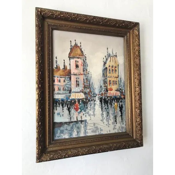 Framed Paris street scene oil painting. Brilliant yellow, pinks, gray, blue & gold. Signed but unknown artist. Pointillism...