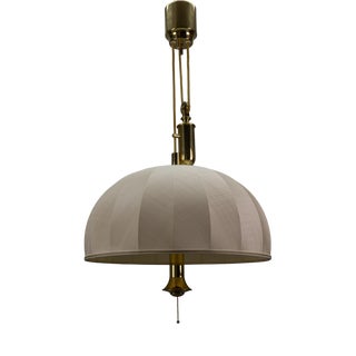 Large Brass and Fabric Lampshade Five-Light Adjustable Height Pendant Lamp, 1980s For Sale