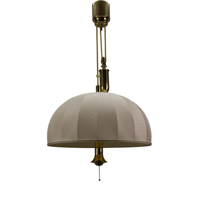 Large Brass and Fabric Lampshade Five-Light Adjustable Height Pendant Lamp, 1980s For Sale