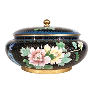 Large Cloisonné Lidded Floral Bowl For Sale