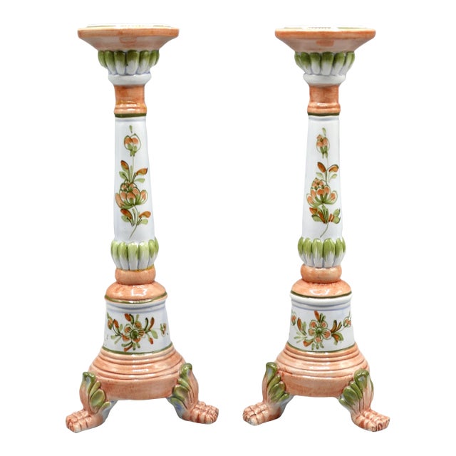 Glazed Italian Candlesticks With Paw Feet, a Pair For Sale