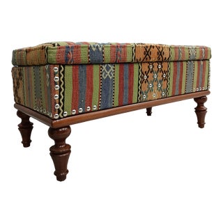 Boho Kilim Upholstered Storage Entryway Bench For Sale