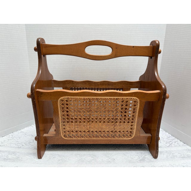 Vintage Midcentury Wood Cane Magazine File Holder For Sale In Sacramento - Image 6 of 9