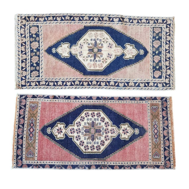 1960s Muted Color Turkish Small Area Rugs - a Pair 19" x 42" / 48 x 103 Cm - 20" x 42" / 52 x 106 Cm Hand woven with high...