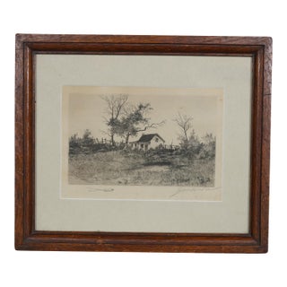 Antique George William Bohde Suburban Shanty Cottage Pond Landscape Etching 14" For Sale