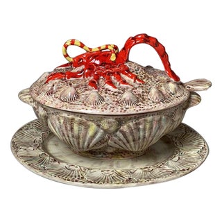 1960's Italian Hand Painted Lobster Soup Tureen with Underplate For Sale