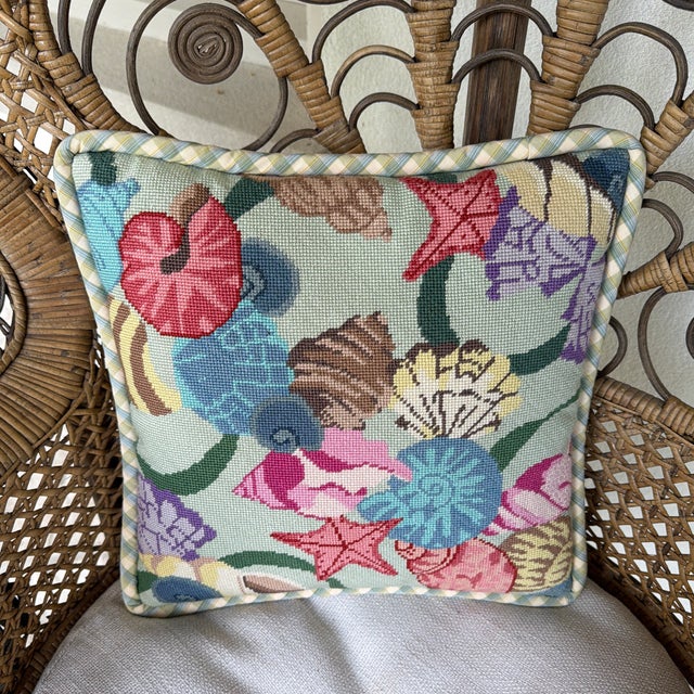 Vintage Needlepoint Seashell and Starfish Decorative Pillow For Sale - Image 9 of 11