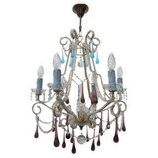 Vintage Italian Crystal Beaded 6-light Chandelier with Purple & Azure Drops For Sale