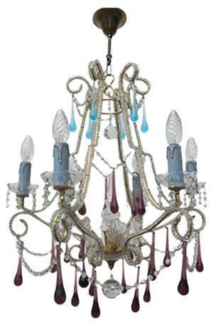 Vintage Italian Crystal Beaded 6-light Chandelier with Purple & Azure Drops
