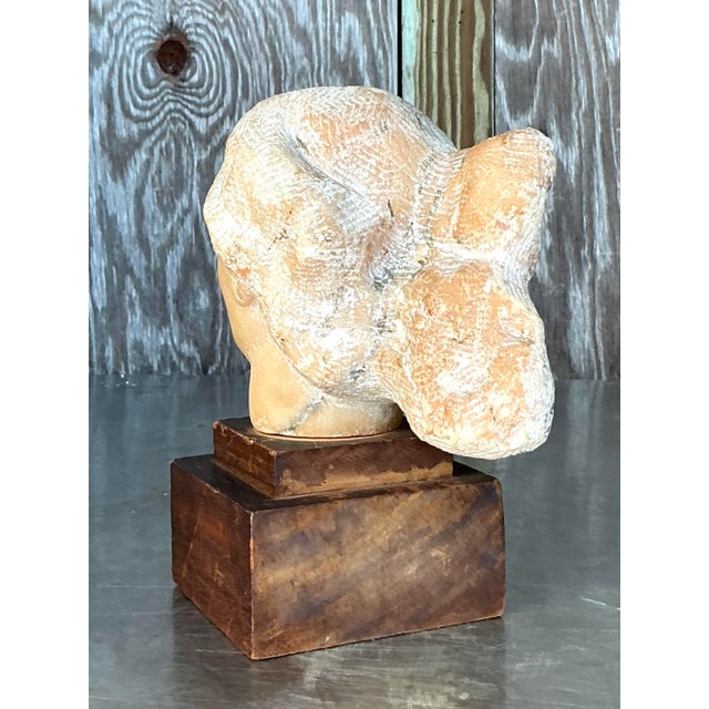 Wood Mid 20th Century Vintage Boho Carved Stone Bust of Woman Sculpture For Sale - Image 7 of 8